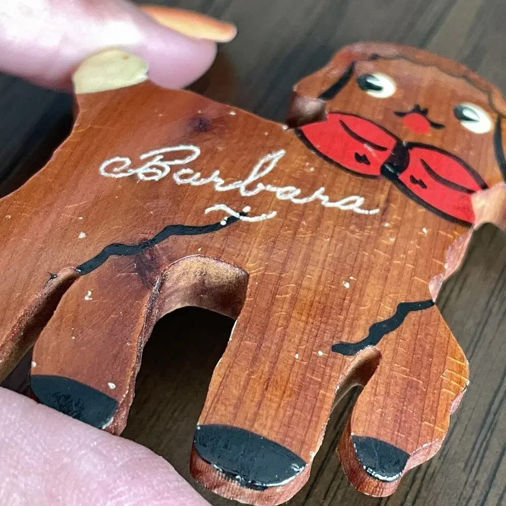 Vintage 1940s Wooden Lamb Brooch Pin Carved Hand Painted Barbara Script READ